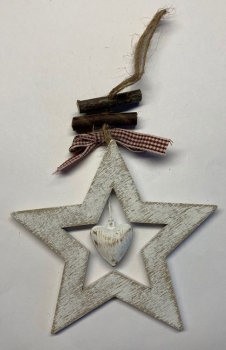 Holz-Stern mit Herz zum Hängen, braun-weiss